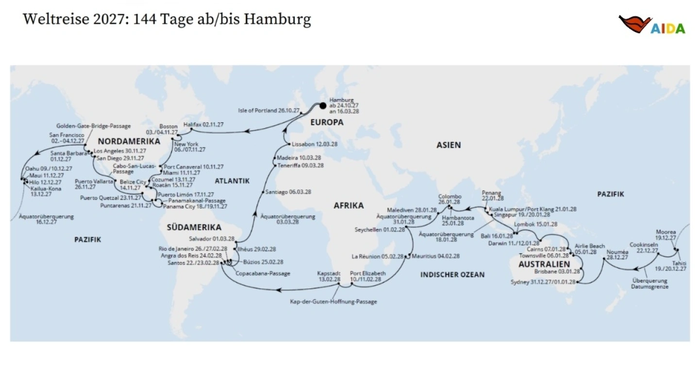 Routenverlauf der AIDA Weltreise 2027 bis 2028 inklusive aller Häfen.
