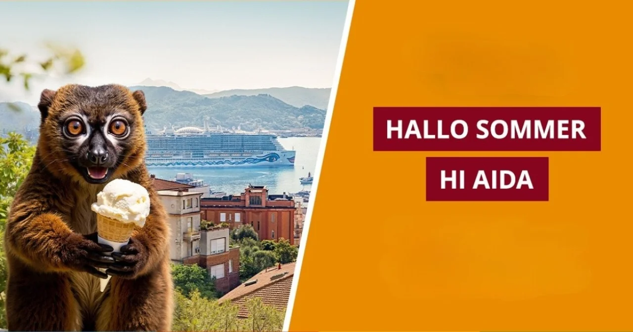 AIDA Werbestar Matti mit eis vor Kreuzfahrtschiff