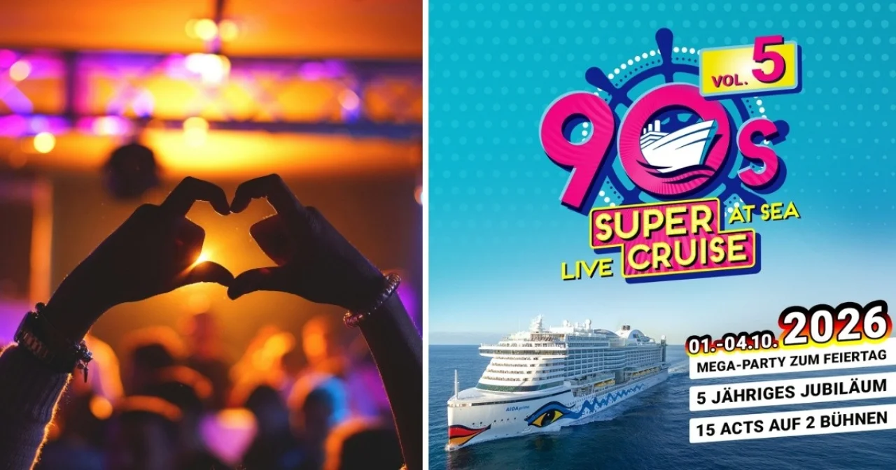 Feiernde Menge und AIDApprima als Headerbild für Party-Kreuzfahrt 90s Super Cruise