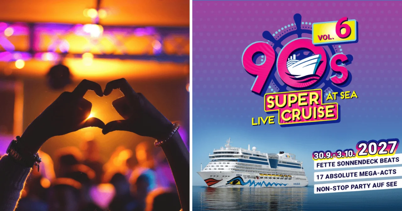 Eine Hand formt ein Herz und ein Werbeflyer für eine Eventkreuzfahrt zum Thema 90er Jahre und Party mit AIDAbella vom 30.9. bis 3.10.2027