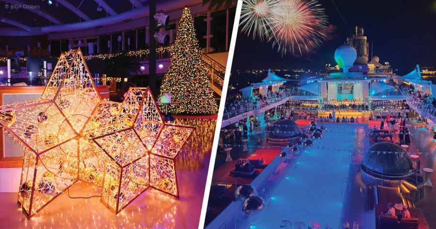 Weihnachtsdeko und Feuerwerk auf beziehungsweise über Kreuzfahrtschiff