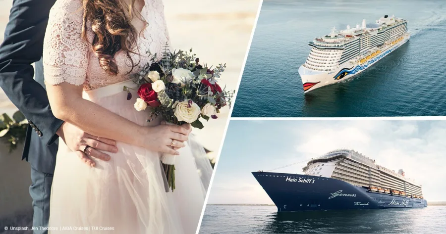 Hochzeitspaar, AIDA Schiff und Mein Schiff Kreuzfahrtschiff