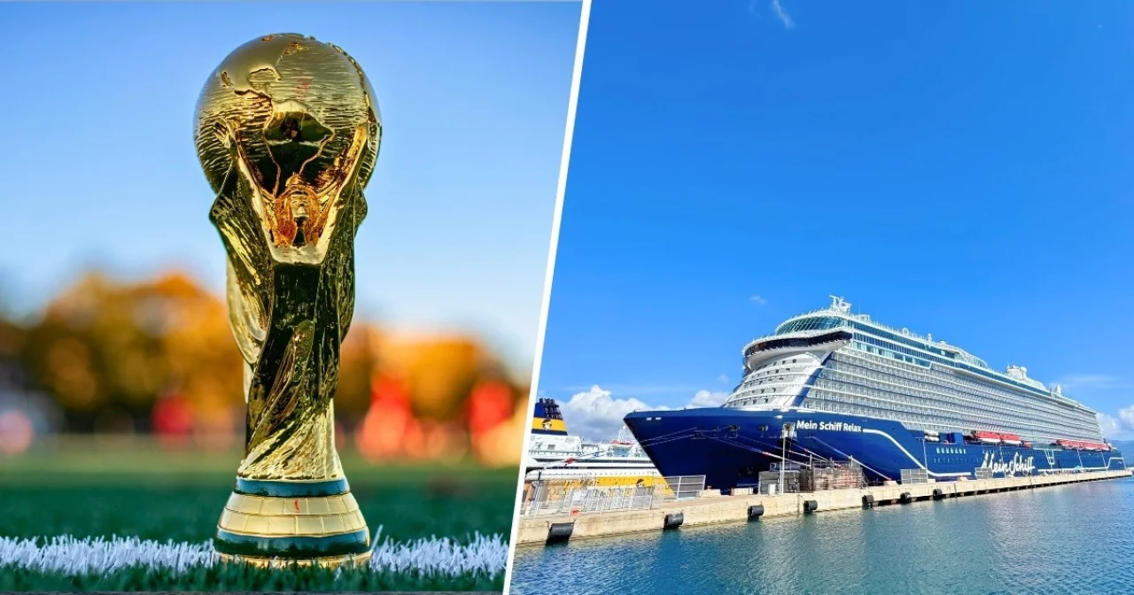 WM-Pokal auf einem Fußballplatz und Bild von Mein Schiff Relax