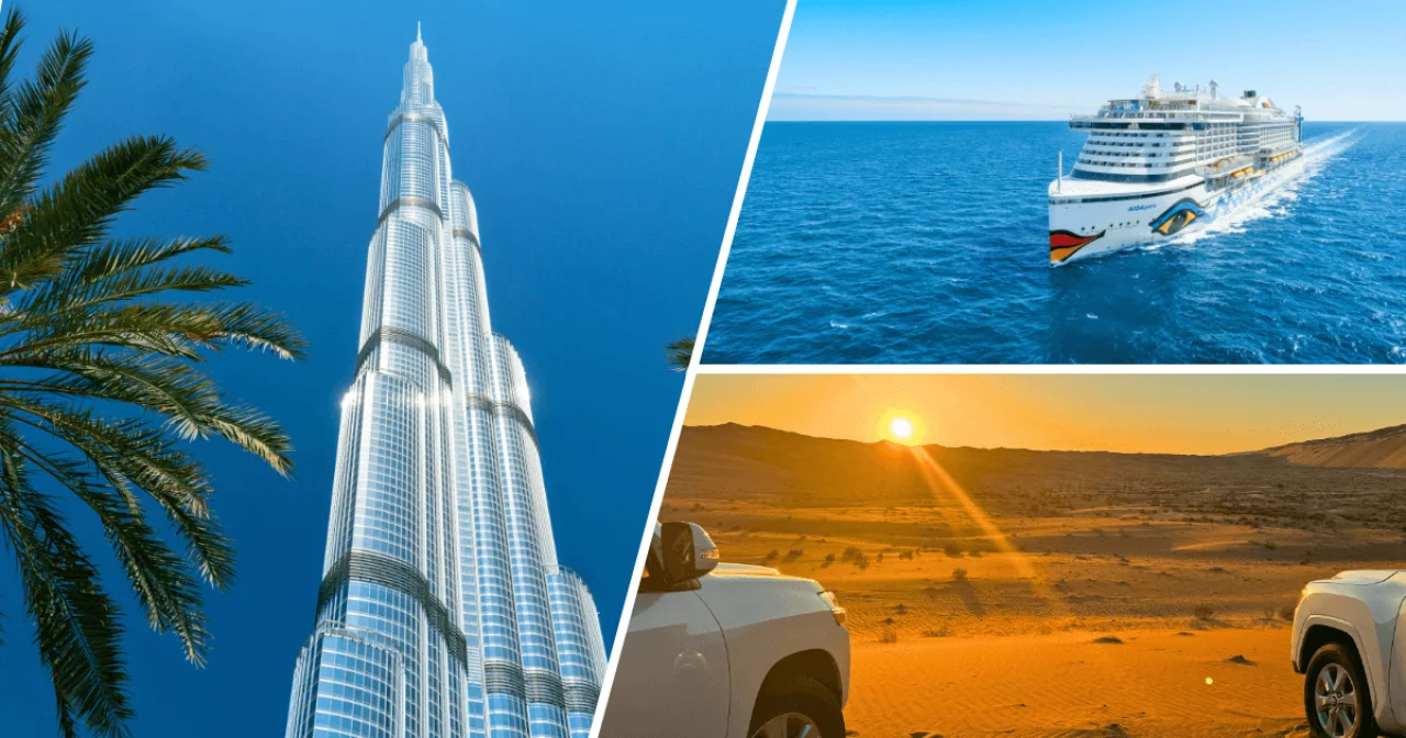 Burj Khalifa in Dubai, AIDAperla und Wüstensafari als Vorgeschmack auf den AIDA Winter 2027/2028 im Orient.