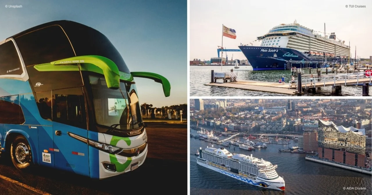 Collage eines Reisebusses, sowie eines Schiffes von AIDA & Mein Schiff an den Häfen in Hamburg und Kiel