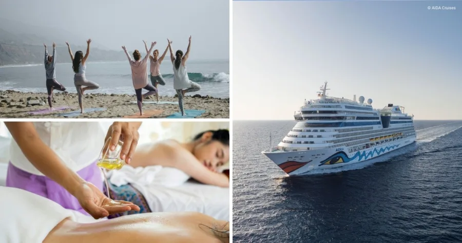 Yogaübung und Massage sowie AIDAblu als Symbolbild für AIDA Feelgood Cruise 2026