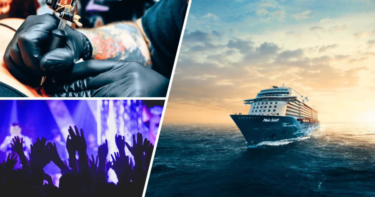 Tättowierer und Konzert sowie Mein Schiff als Symbolbilder für Nachholtermine der abgesagten Eventreisen Wildcat Tattoo Cruise und Millennium Cruise 2