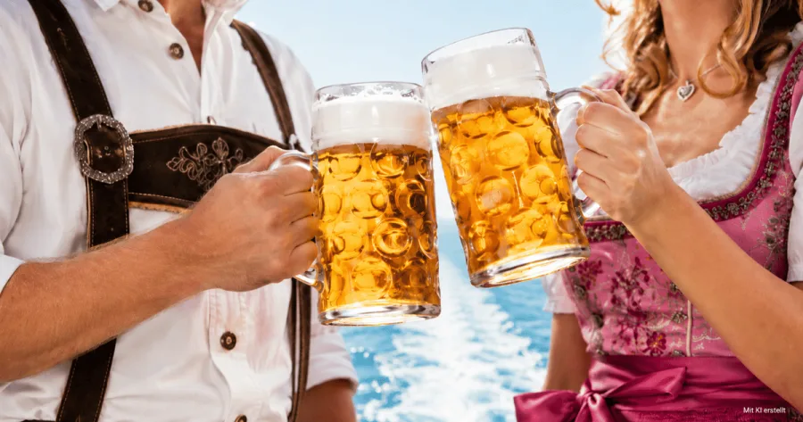 Mann in Lederhose und Frau im <dirndl stoßen mit Maßkrügen voller Bier an, im Hintergrund ist die Fahrspur eines Kreuzfahrtschiffes zu sehen.