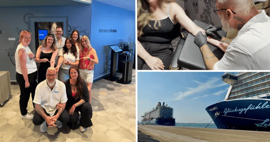 Tätowierte Gäste und Tätowierer im Tattoo Studio an Bord von Mein Schiff Flow, zudemAußenaufnahme von Mein Schiff 2 im Hafen.