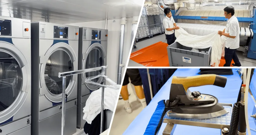 Waschmaschinen, Crewmitglieder an einer Reinigungsmaschine und Bügeleisen als Teil des Wäscheservice an Bord von Mein Schiff Flow