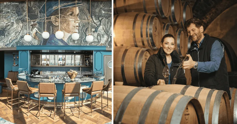 Captain's Bar auf Mein Schiff Flow und Walter Skoff mit seiner Frau Eva SkoffLiebau als Symbolbild für Themenreise unter dem Motto Genuss trifft Klang mit Wein & Kultur.