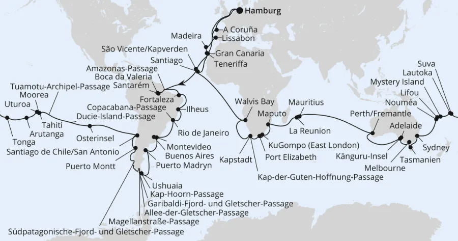 Karte zeigt die Route der AIDA Weltreise 2026 2027