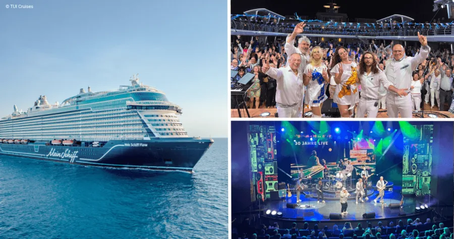 Mein Schiff Flow und Beispielbilder für ABBA Tribute sowie Jazz-Groove-Konzert an Bord