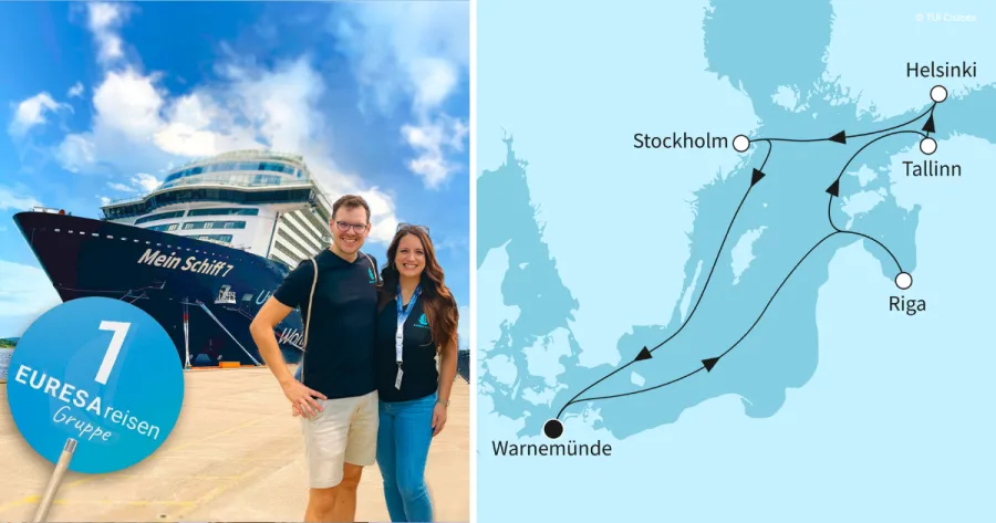 Rebekka und Johannes vor Mein Schiff 7 und neben dem Routenverlauf der Ostsee-Kreuzfahrt unserer EURESAreisen Gruppenreise 2027