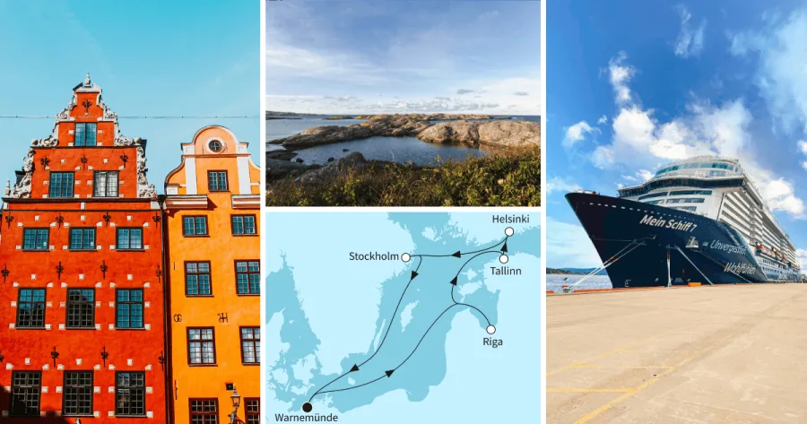 Mein Schiff 7 und Routenverlauf Metropolen der Ostsee mit Bild von Häusern in Gamla Stan in Stockholm sowie einer Schäreninsel