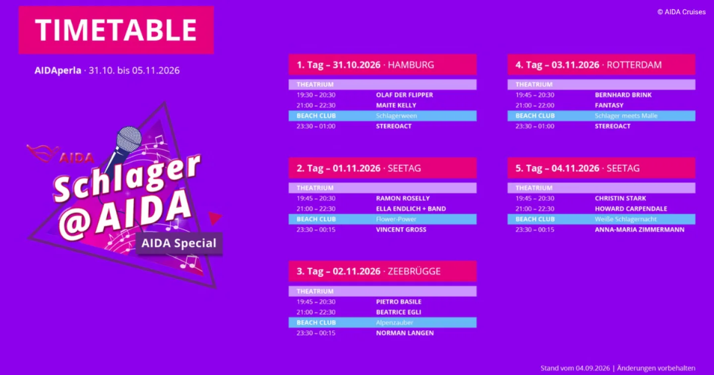 Timetable der Auftritte während der Eventkreuzfahrt Schlager @ AIDA.