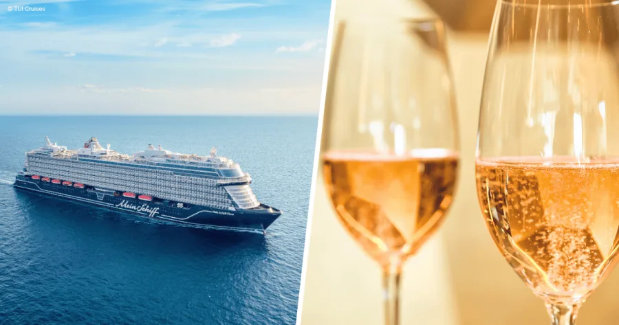 Mein Schiff Flow auf dem Meer und Champagnergläser als Symbolbild für Start des Ganz Große Freiheit-Pakets auf Mein Schiff Flow und Mein Schiff Relax