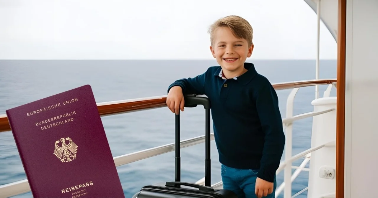 Kind an Bord eines Kreuzfahrtschiffes mit Koffer und Reisedokument