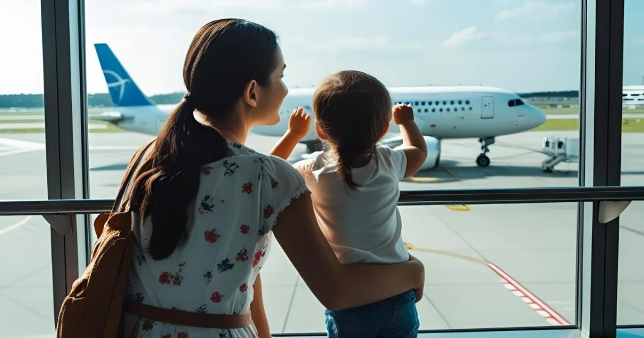 Mutter und Baby schauen Flugzeug an