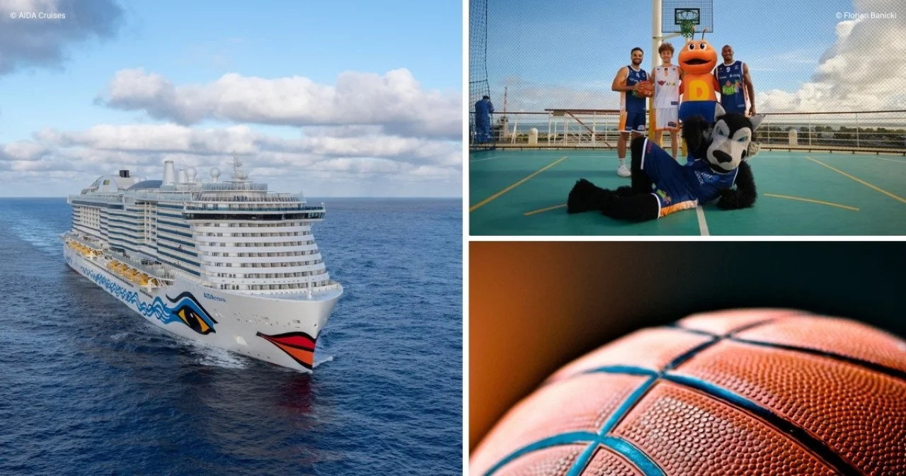 Symbolbild mit AIDA Kreuzfahrtschiff sowie Basketballern und Basketball für AIDA Basketballcamps mit Rostock Seawolves 2026