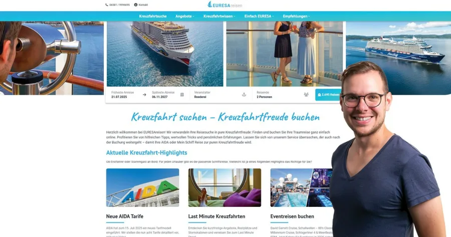 Screenshot von EURESAreisen Website und EURESA Gründer Johannes